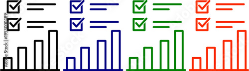 Checklist icons and bar chart graphics in black, blue, green, and red outline