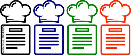 Chef hats and menus in black blue green and orange outlines for culinary and restaurant concepts