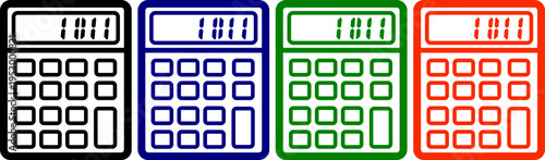 Collection of calculator icons with display and buttons in black blue green red for calculation