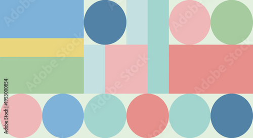 Vibrant abstract composition featuring geometric shapes, rectangles, and multicolored circles arranged symmetrically for modern art.