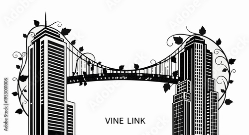 Artistic illustration of two skyscrapers connected by a bridge entwined with vines, symbolizing urban nature.