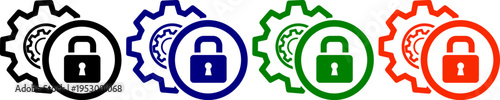 Colorful icons of gears and a padlock, signifying secure operations and system protection for industrial processes