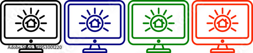 Computer monitor icons with house symbol sun rays in black blue green and red colors screen