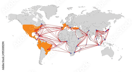 Flat 2D world map with red shipping route lines and orange highlighted regions on a white background, illustrating global oil trade connections.