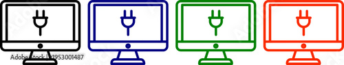 Computer screen with plug icon vector graphic set black blue green and red outlines