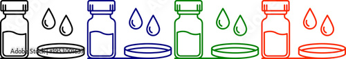 Contact lens container medicine bottle and drops symbols set in black blue green and orange outline