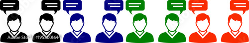 Conversation icons set in black blue green and orange representing communication and discussion between people