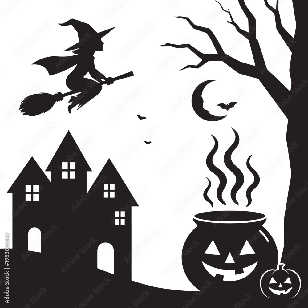 Fototapeta premium Flying Witch Over Haunted House With Jack-o’-Lantern Cauldron Silhouette