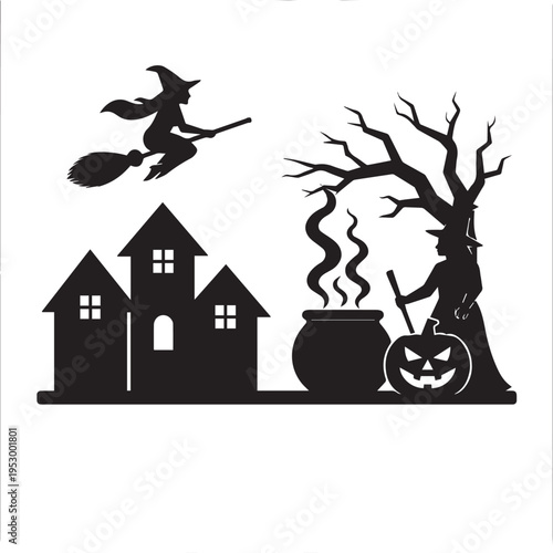 Flying Witch Cauldron Pumpkin Bare Tree Houses Village Halloween Silhouette