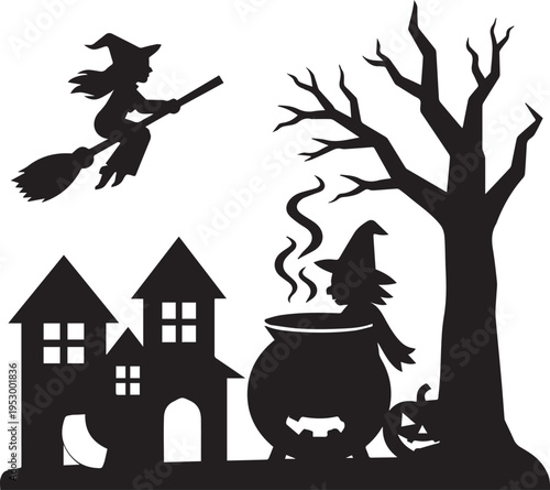 Flying Witch And Cauldron Witch With Houses Tree Pumpkin Silhouette