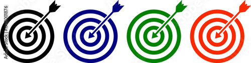 Dartboard target icons with arrow in black blue green red for accuracy and success goal