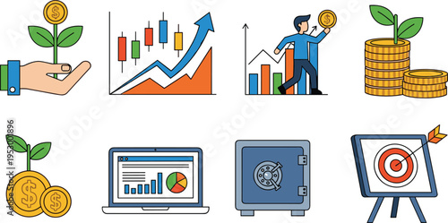 Financial Growth and Investment Strategy Icon Set Vector Illustration with Stock Market Chart Money Plant Profit Coins Bank Vault and Business Target
