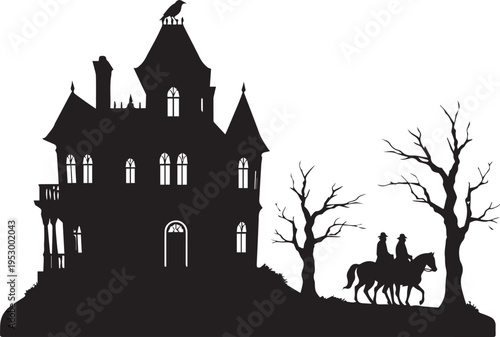 Haunted Victorian Mansion With Raven And Two Horseback Riders Silhouette
