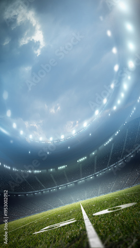 Angled view of American football stadium. An imaginary stadium is modelled and rendered.	