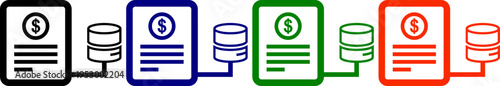 Digital payment icons with dollar sign and database in black blue green and orange outlines
