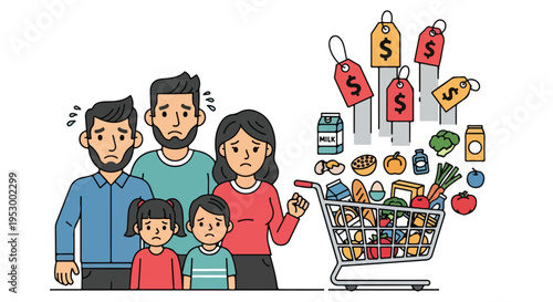A cartoon family standing next to a shopping cart filled with various products and price tags, depicting a scene related to inflation and crisis in a flat 2D illustration.