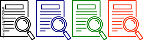 Document magnifying glass search icon set research analysis investigation discovery finding document analysis report paper study