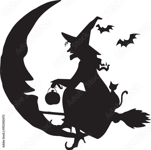 Elegant Witch Riding Broom Crescent Moon Cat Bats Silhouette Night