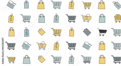 A vibrant, repeating pattern of essential shopping icons, including carts, bags, and various price tags, creates a dynamic retail theme.