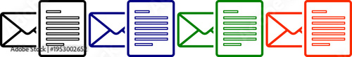 Email and document icons in black blue green and red for mail or message services