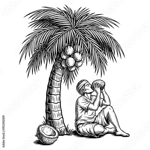 An illustrated scene captures a moment of tranquil leisure as a person finds refreshing respite under the shade of a lush tropical coconut palm tree, enjoying a natural drink directly from the fruit