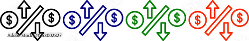 Financial icons set in black blue green and orange showing currency exchange and market trends
