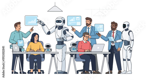 Flat 2D illustration of diverse business team collaborating with robots in a modern office setting, showcasing the AI revolution concept.
