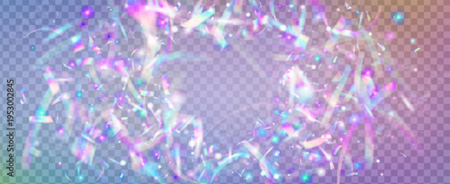 Hologram Confetti For Carnival In Heart Shape.  Colorful Kaleidoscope Effect With Light Ribbons And Rainbows. Valentine And Wedding Background For Love Concept. Blue And Pink Hologram Confetti