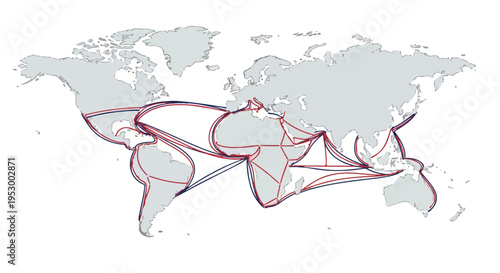 Flat 2D illustration of a complex global shipping route map with multiple red and blue lines on a white background.