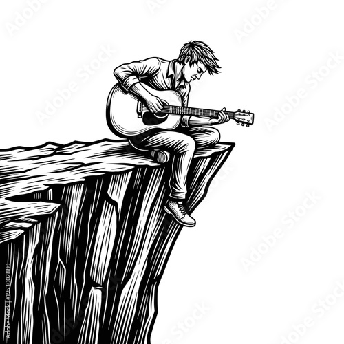Man sitting on cliff edge playing acoustic guitar, illustrating themes of solitude and inspiration