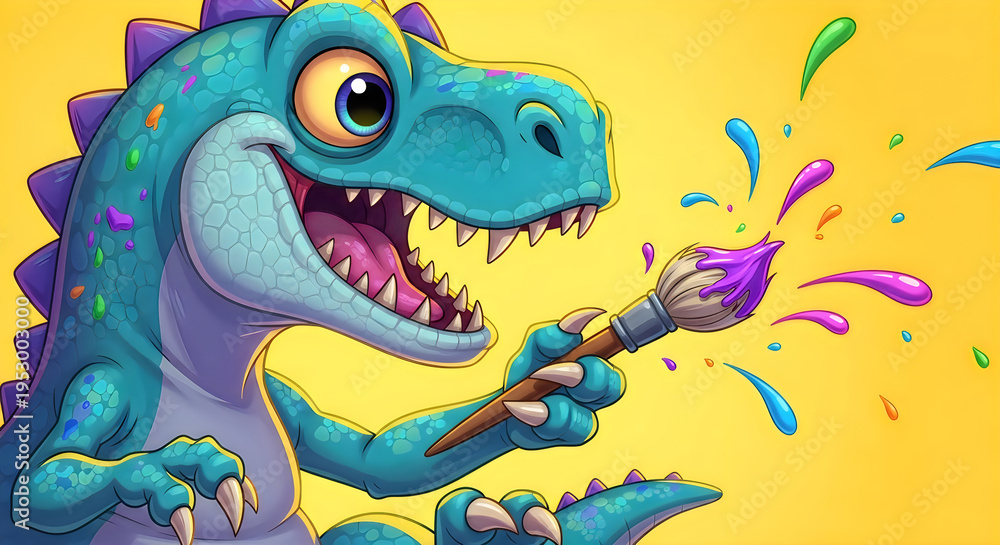 Fototapeta premium Smiling blue dinosaur painting with colorful brush