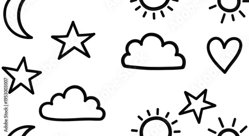 Charming doodle style outline icons featuring celestial bodies like moons, stars, clouds, and hearts repeat seamlessly.
