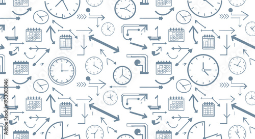 Seamless pattern featuring various analog clocks, monthly calendars, and directional flow arrows representing time management concepts