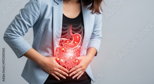 Woman experiencing intense abdominal pain, a serious intestinal disease, digestive system inflammation, gut health challenge, internal organ discomfort, gastroenterology concept