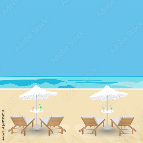 A blue sea, a beach, sun loungers with white umbrellas, and two cocktails