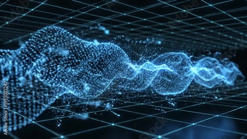 Abstract digital wave of blue particles in cyberspace.