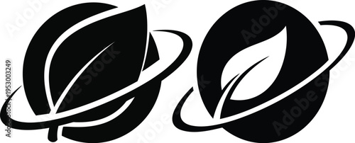Stylized black and white leaf logo with orbital elements on white background