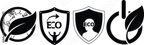 Eco friendly logos and shields with leaves and globe for environmental organization