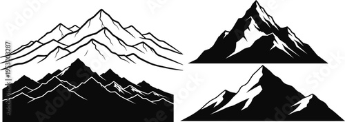 Four stylized black mountain silhouettes with varying peak heights and snow patterns on a white background illustration