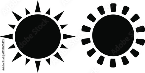 Two black sun symbols with rays on a white background representing celestial bodies or energy sources