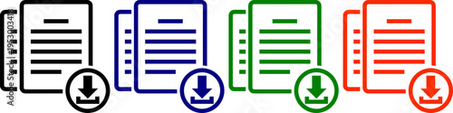 Four document download icons black blue green orange file transfer concept