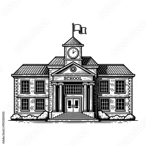 Classic School Building With Columns and Clock Tower Illustration, Architectural Landmark