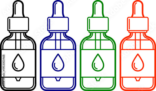 Four dropper bottles with liquid drops in black, blue, green, and red outlines