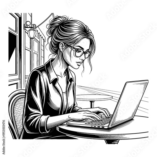 Young woman wearing glasses and a button-down shirt working diligently on her laptop at an outdoor cafe table