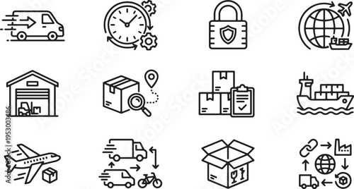 Logistics and shipping icons for global delivery and transportation services