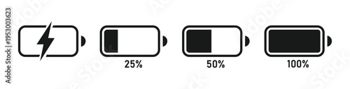 Set of vertical battery charge level indicators in percentage vector. Battery indicator symbols. 25-100 percent. vector illustration.
