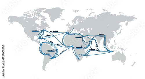 Flat 2D illustration of a complex shipping route map on a world map with oil transportation lines and arrows indicating travel directions.