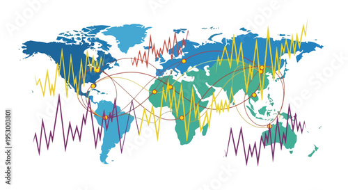 Flat 2D illustration of a world map with colorful economic trend lines and connections on a clean white background, conveying global uncertainty.