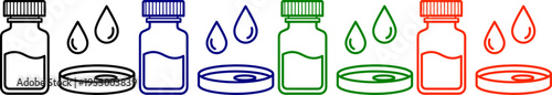 Four medical vial icons with drops in different colors black blue green and red on transparent background