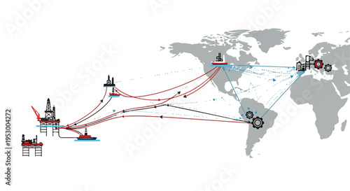 Flat 2D illustration of a global shipping route map with oil tankers and cargo ships on various transportation paths across the world.